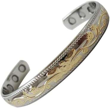Magnetic bracelet with intricate design in a silver and gold finish